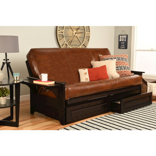 Phoenix Frame Queen-Espresso Finish Futon Sofa Bed with Oregon Trail Saddle Mattress and Storage Drawers