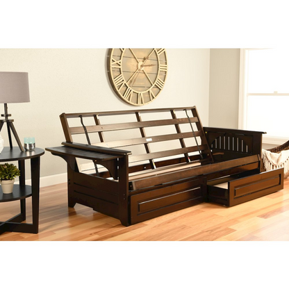 Phoenix Frame Queen-Espresso Finish Futon Sofa Bed with Oregon Trail Saddle Mattress and Storage Drawers