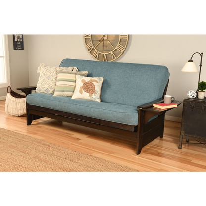 Phoenix Frame-Espresso Finish-Linen Aqua Mattress - Convertible Futon Sofa Bed | Elegant, Versatile, and Comfortable