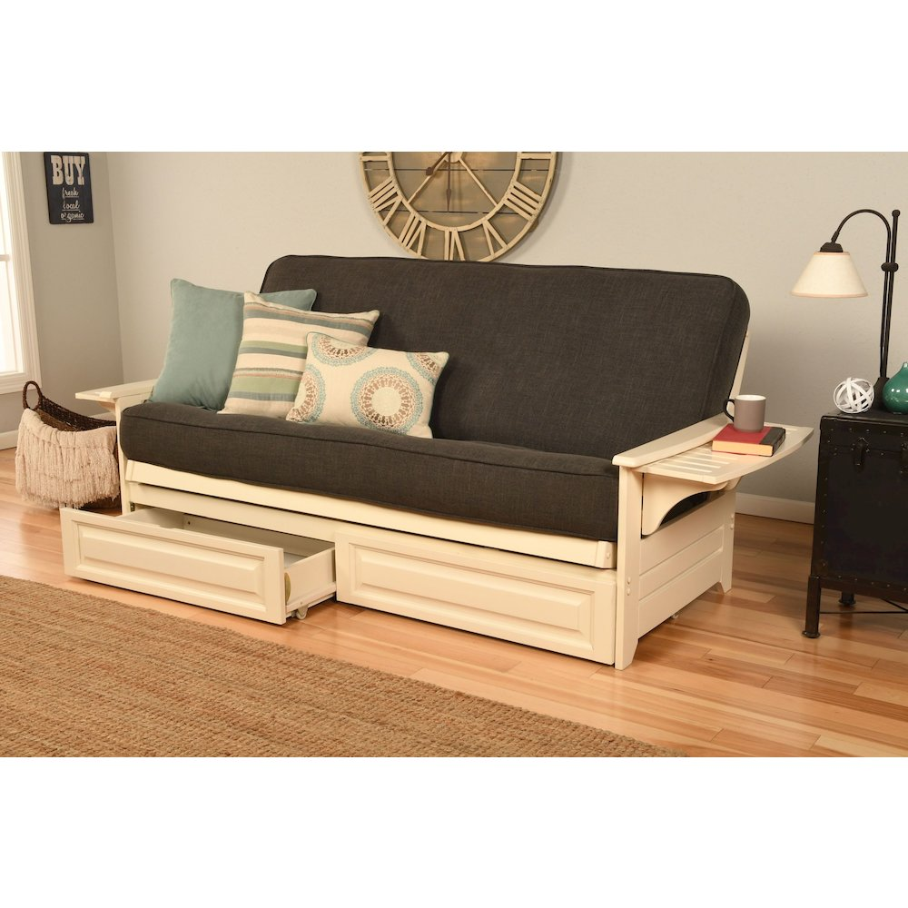 Phoenix Frame/Antique White Finish/Linen Charcoal Mattress/Storage Drawers - Classic Hardwood Futon Sofa Bed