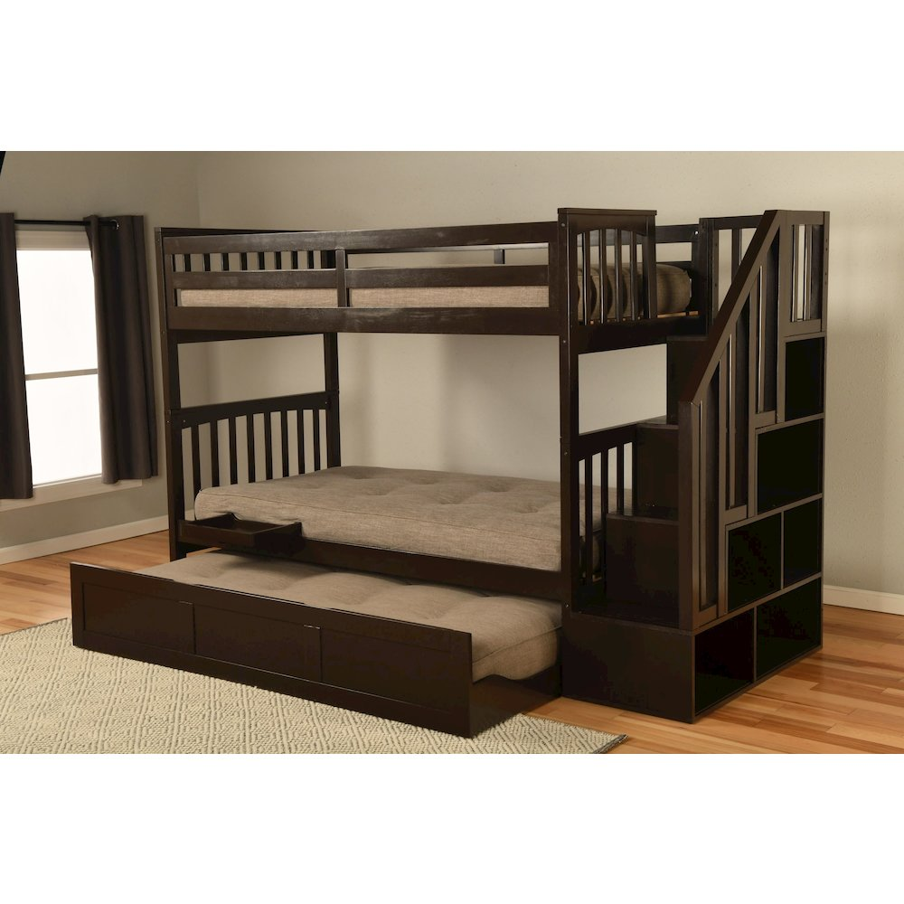 Kelcie Twin-Full Bunk Bed in Dark Chocolate with Tray | Sturdy Hardwood Construction