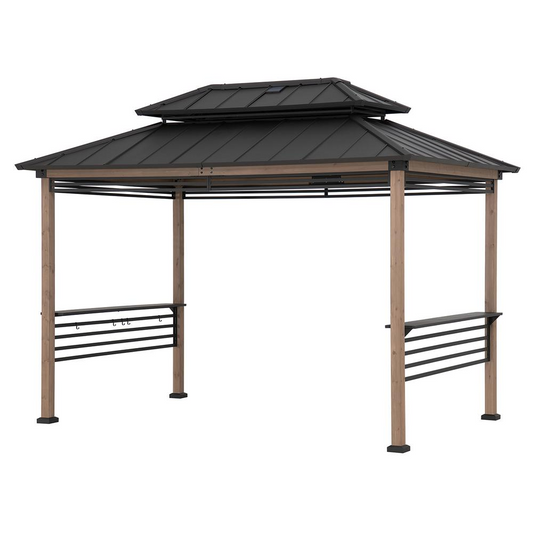 8 ft. x 12 ft. Cedar Framed Hardtop Grill Gazebo with Decorative Fence, Brown