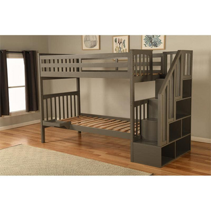 Kelcie Twin-Twin Bunk Bed Dark Gray+Tray - Sturdy Solid Hardwood Construction