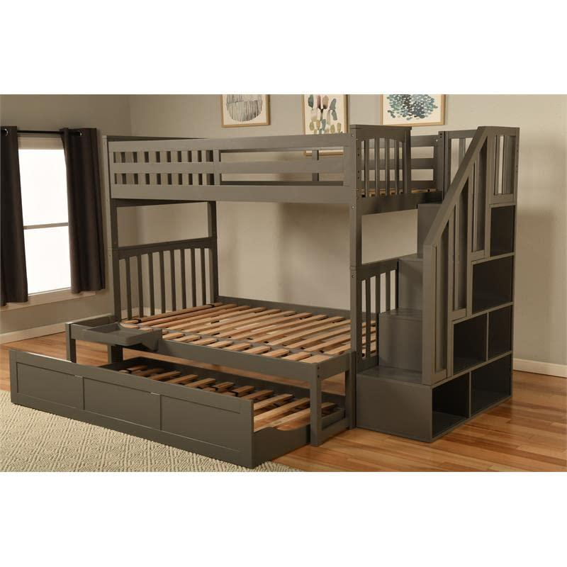 Kelcie Twin-Full Bunk Bed Dark Gray with Trundle Bed and Tray