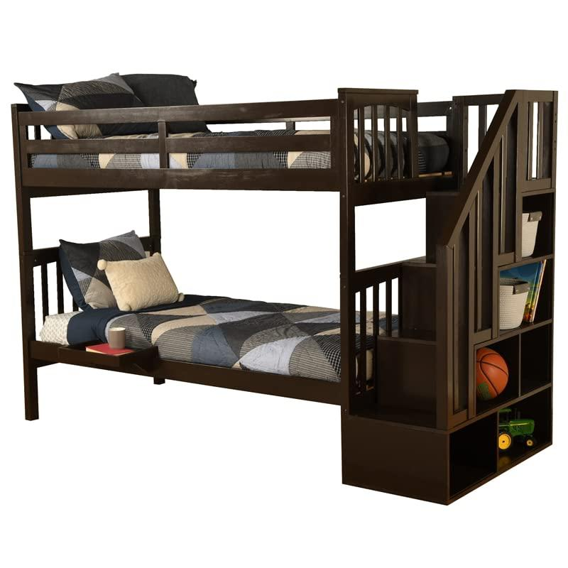 Kelcie Twin-Twin Bunk Bed Dark Chocolate+Tray - Sturdy Hardwood Twin Bunk Bed