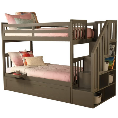 Kelcie Twin-Twin Bunk Bed Dark Gray with Trundle Bed and Tray - Sturdy Hardwood Construction - Easy Assembly