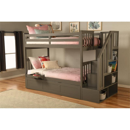 Kelcie Twin-Twin Bunk Bed Dark Gray with Trundle Bed and Tray - Sturdy Hardwood Construction - Easy Assembly