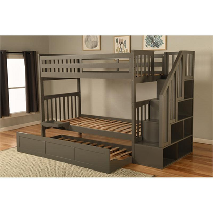 Kelcie Twin-Twin Bunk Bed Dark Gray with Trundle Bed and Tray - Sturdy Hardwood Construction - Easy Assembly