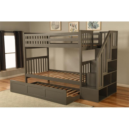 Kelcie Twin-Twin Bunk Bed Dark Gray-Trundle Bed - Sturdy Hardwood Construction, Easy Assembly