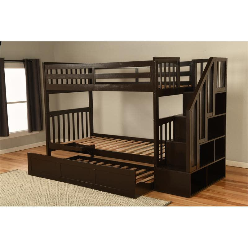 Kelcie Twin-Twin Bunk Bed Dark Chocolate - Trundle Bed + Tray