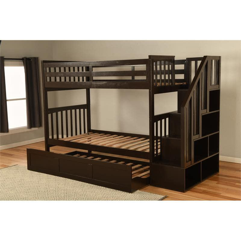 Kelcie Twin-Twin Bunk Bed Dark Chocolate-Trundle Bed - Sturdy Hardwood Construction, Rustic Brown Finish