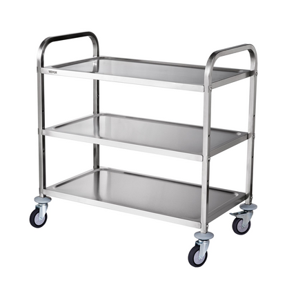 VEVOR Kitchen Utility Cart, 3 Tiers, Wire Rolling Cart w/ 450LBS Capacity, Steel Service Cart on Wheels, Metal Storage Trolley w/ 80mm Basket Curved Handle PP Liner 6 Hooks, for Indoor and Outdoor Use