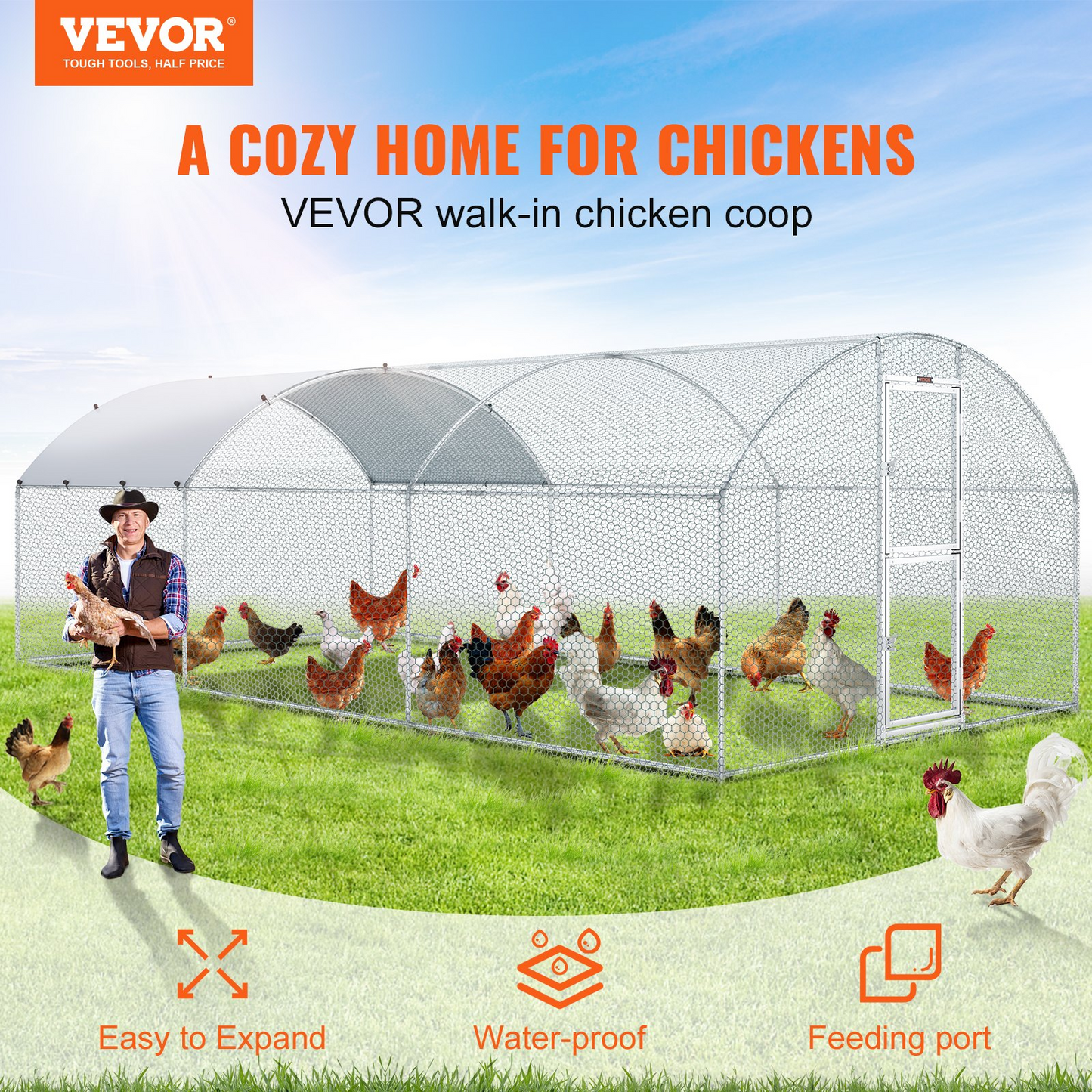 VEVOR Large Metal Chicken Coop with Run, 19.7x9.8x6.6ft, Walkin Poultry Cage for Yard with Waterproof Cover, Dome Roof Large Poultry Cage for Hen House, Duck and Rabbit, Silver