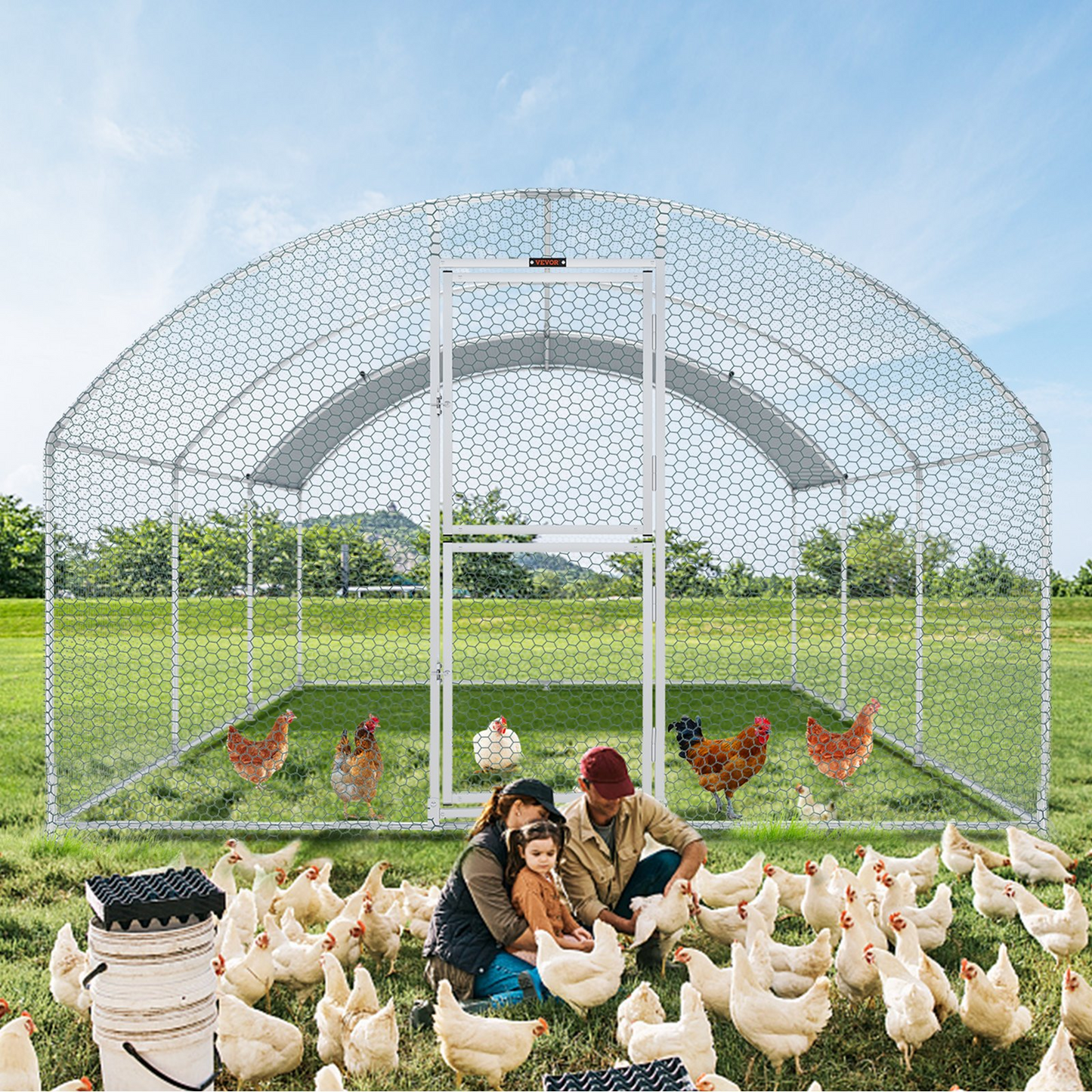 VEVOR Large Metal Chicken Coop with Run, 19.7x9.8x6.6ft, Walkin Poultry Cage for Yard with Waterproof Cover, Dome Roof Large Poultry Cage for Hen House, Duck and Rabbit, Silver