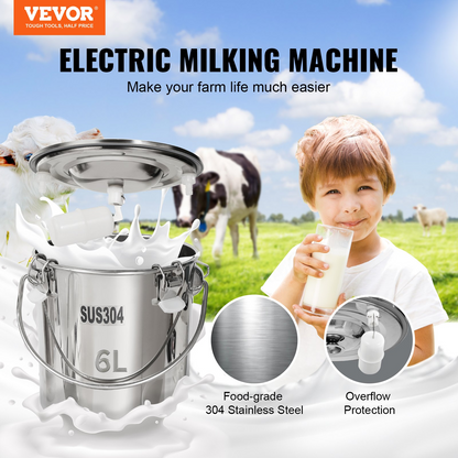 VEVOR Goat Milking Machine, 6 L 304 Stainless Steel Bucket, Electric Automatic Pulsation Vacuum Milker, Portable Milker with Food-grade Silicone Cups and Tubes, Adjustable Suction for Cows and Sheep