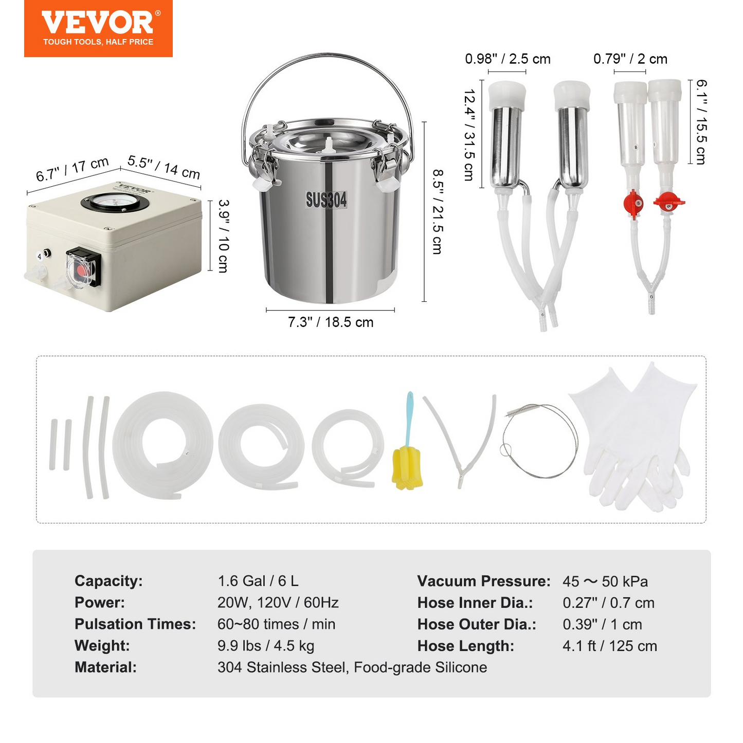 VEVOR Goat Milking Machine, 6 L 304 Stainless Steel Bucket, Electric Automatic Pulsation Vacuum Milker, Portable Milker with Food-grade Silicone Cups and Tubes, Adjustable Suction for Cows and Sheep