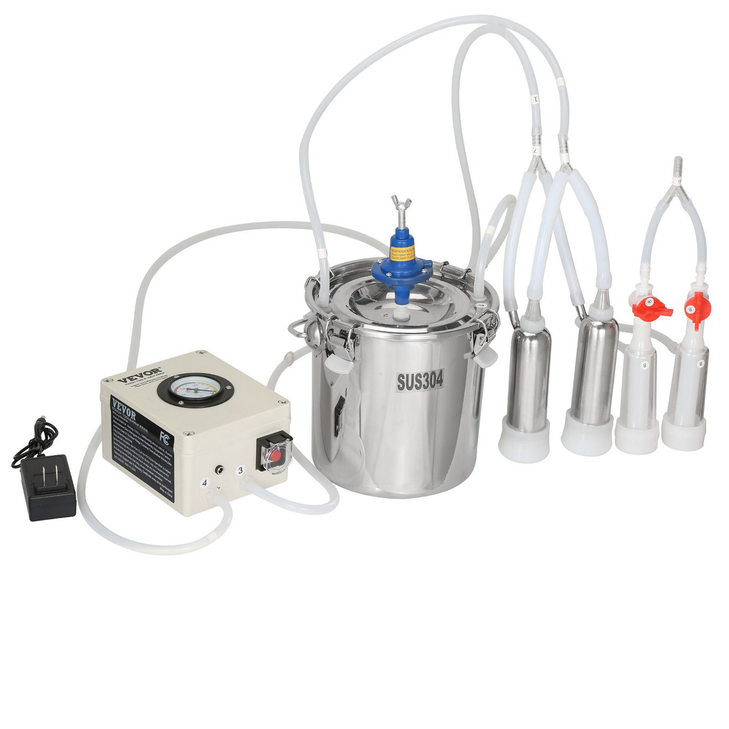 VEVOR Goat Milking Machine, 6 L 304 Stainless Steel Bucket, Electric Automatic Pulsation Vacuum Milker, Portable Milker with Food-grade Silicone Cups and Tubes, Adjustable Suction for Cows and Sheep