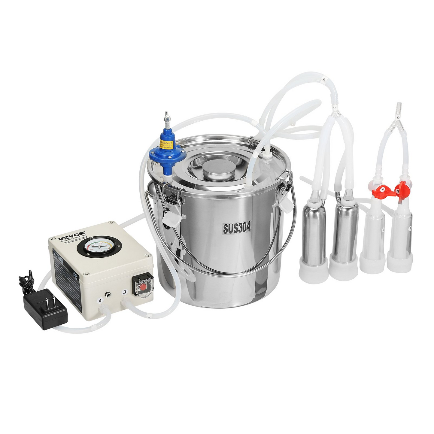 VEVOR Goat Milking Machine, 6 L 304 Stainless Steel Bucket, Electric Automatic Pulsation Vacuum Milker, Portable Milker with Food-grade Silicone Cups and Tubes, Adjustable Suction for Cows and Sheep