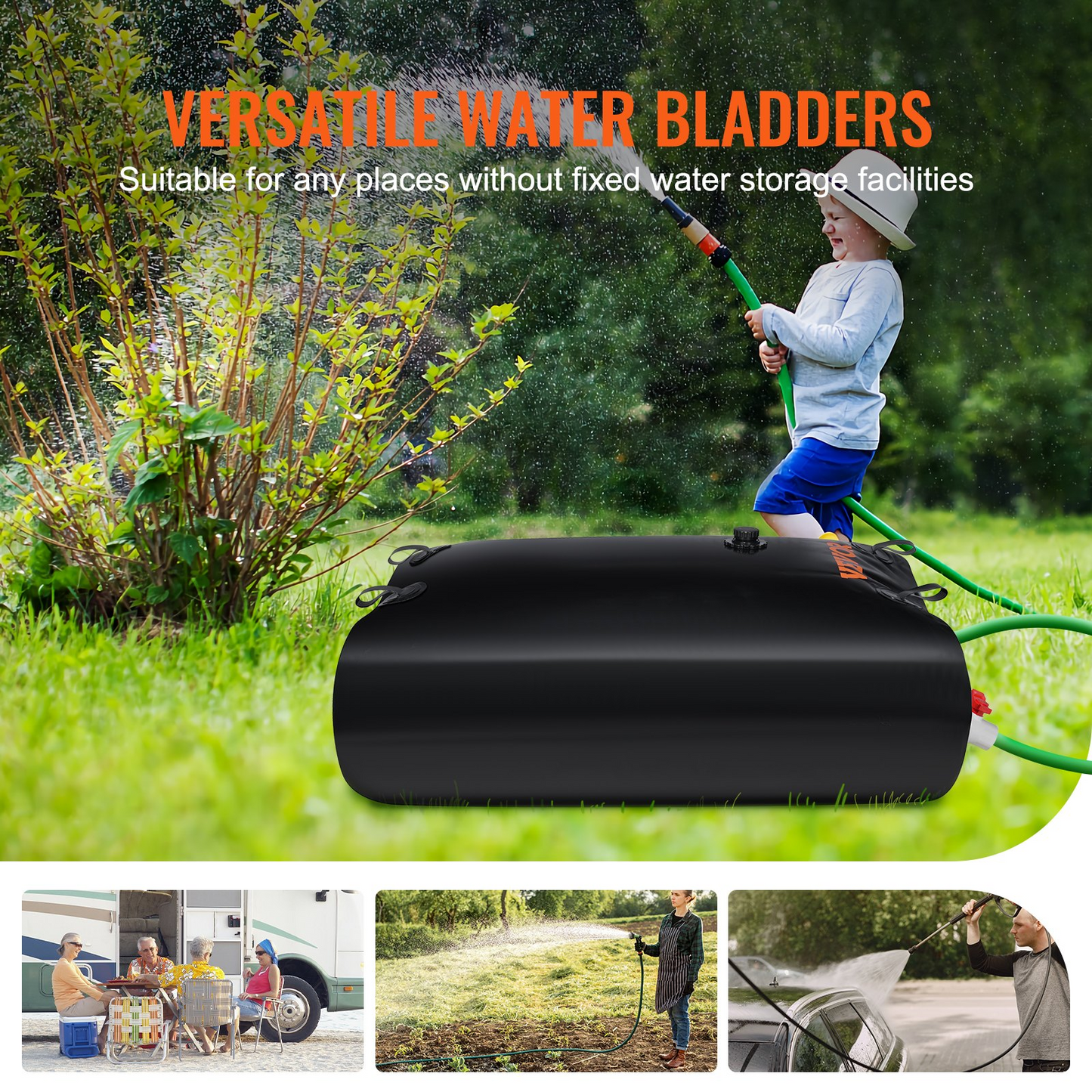 VEVOR Water Tank Bladder, 87 Gallon Large Capacity, PVC Collapsible Water Bladder Including Spigots and Overflow Kit, Portable Water Storage Bladder for Garden Water Catcher, Black