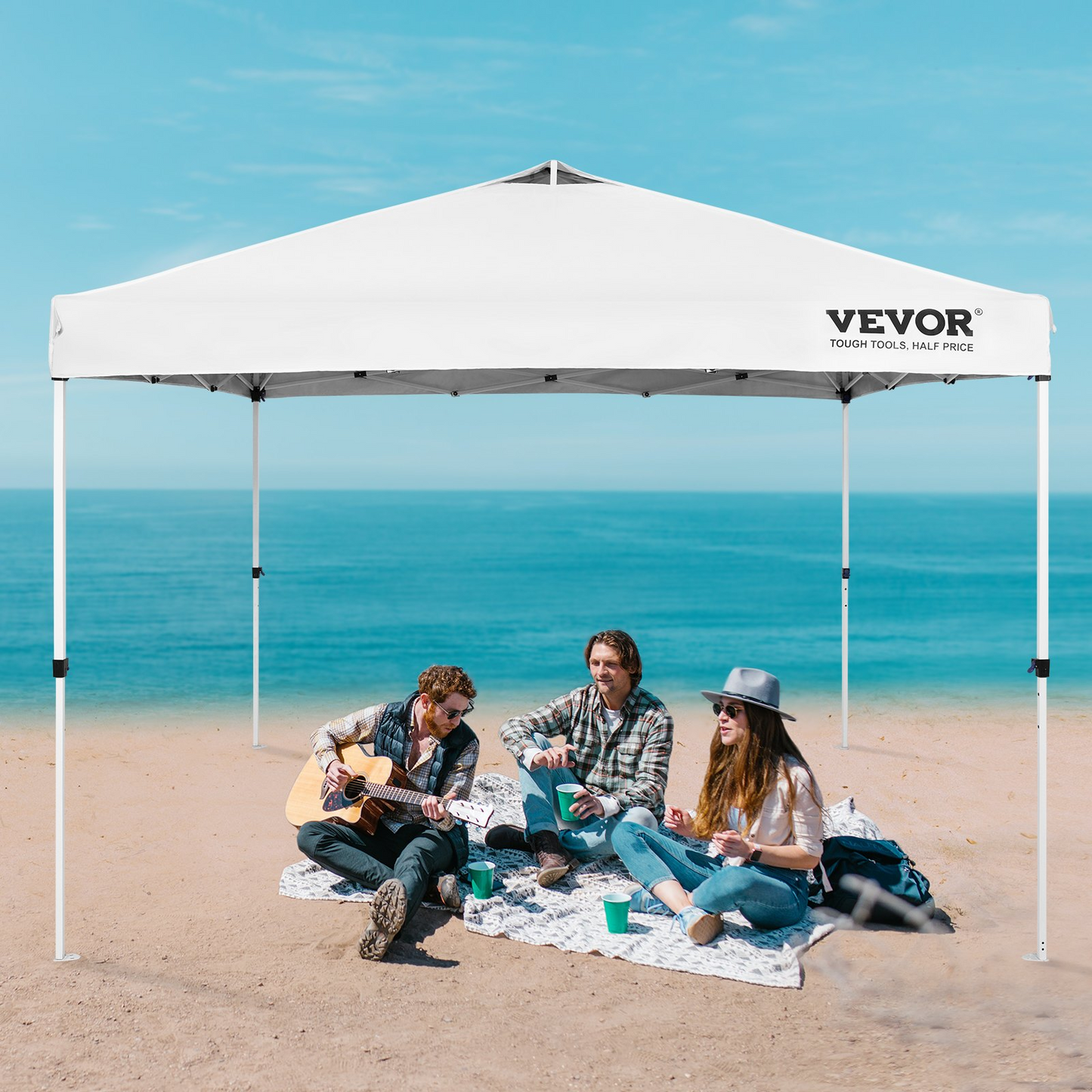 VEVOR Pop Up Canopy Tent, 10 x 10 ft, 250 D PU Silver Coated Tarp, with Portable Roller Bag and 4 Sandbags, Waterproof and Sun Shelter Gazebo for Outdoor Party, Camping, Commercial Events, White