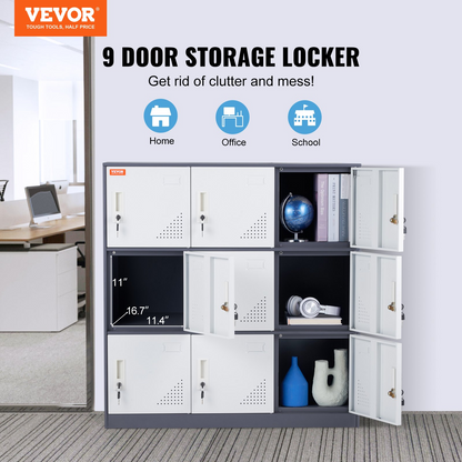 VEVOR Metal Locker for Employees, 9 Doors Storage Cabinet with Card Slot, Gray Steel Employee Lockers with Keys, 66lbs Loading Capacity office Storage Lockers for Home, School, Office, Gym