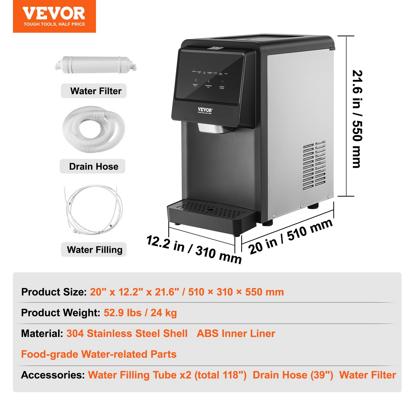 VEVOR Countertop Ice Maker, 62lbs in 24Hrs, Auto Self-Cleaning Portable Ice Maker with Water Filling Pipe, Water Filter and Drainpipe, Automatic Water Refill Ice Machine for Home Kitchen Office Party