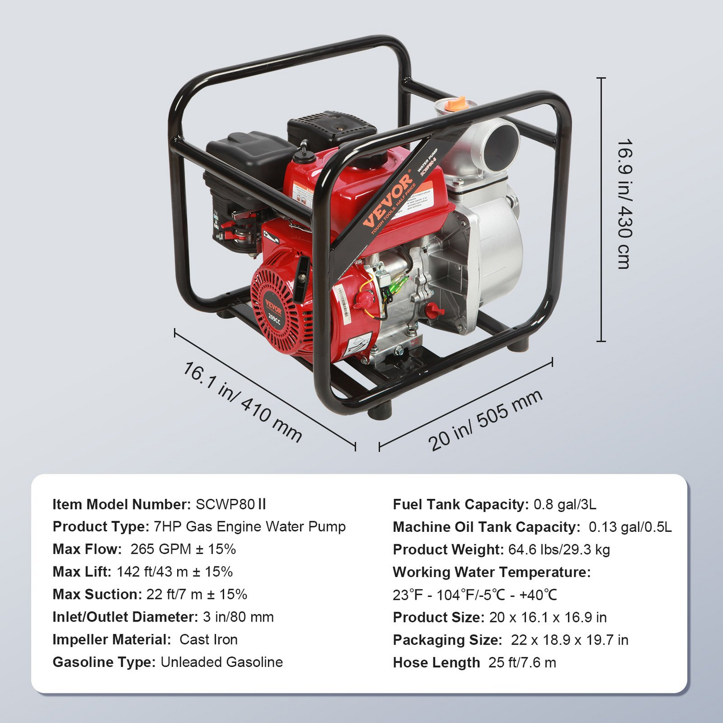 VEVOR Gasoline Engine Water Pump, 3-inch, 7HP 265 GPM, 142ft Lift, 22ft Suction, 4-Stroke Gas Powered Trash Water Transfer Pump Portable High Pressure with 25ft Hose for Irrigation Pool, EPA Certified