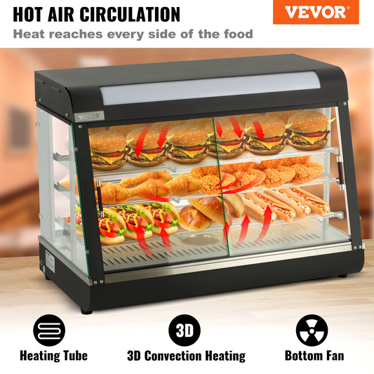 VEVOR Commercial Food Warmer Display, 3 Tiers, 1800W Pizza Warmer w/ 3D Heating 3-Color Lighting Bottom Fan, Countertop Pastry Warmer w/Temp Knob Display 0.6L Water Tray, Stainless Frame Glass Doors