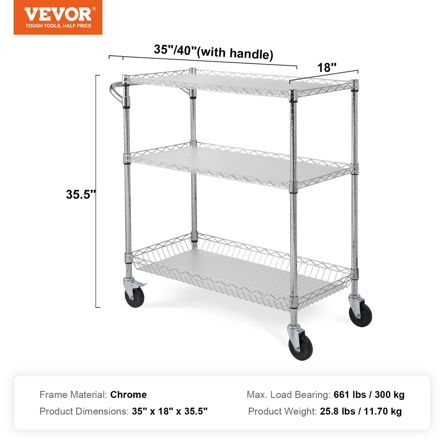 VEVOR 3-Tier Utility Cart Rolling Cart on Wheels 35"x18"x35.5" 661 LBS 6 Hooks