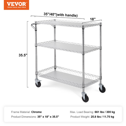 VEVOR 3-Tier Utility Cart Rolling Cart on Wheels 35"x18"x35.5" 661 LBS 6 Hooks