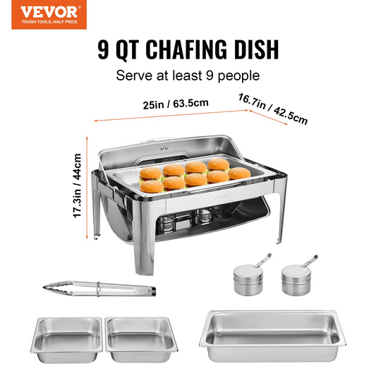 VEVOR Rectangle Roll Top Chafing Dish with 9Qt Pan, Glass Lid, Fuel Holder