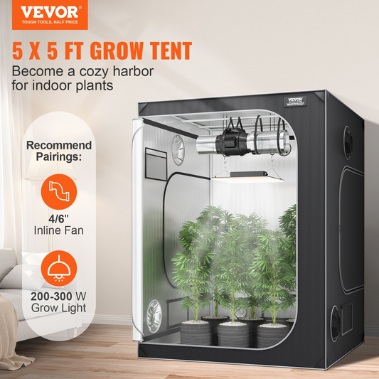 VEVOR 5x5 Grow Tent, 2000D Mylar, Observation Window, Tool Bag, Floor Tray