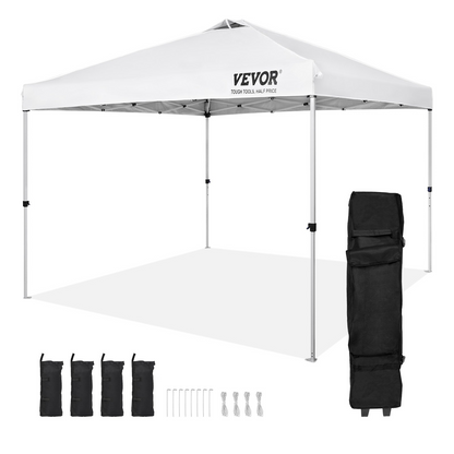 VEVOR Pop Up Canopy Tent, 10 x 10 ft, 250 D PU Silver Coated Tarp, with Portable Roller Bag and 4 Sandbags, Waterproof and Sun Shelter Gazebo for Outdoor Party, Camping, Commercial Events, White