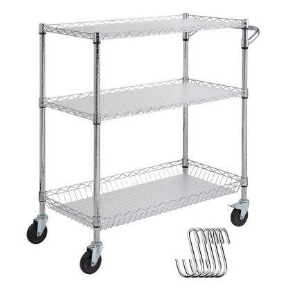 VEVOR 3-Tier Utility Cart Rolling Cart on Wheels 35"x18"x35.5" 661 LBS 6 Hooks