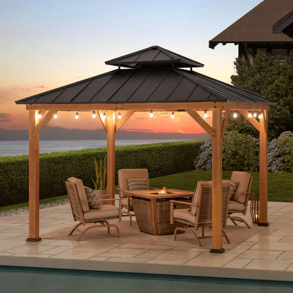 Upgrade Your Outdoor Living: Wood Gazebo with 2-Tier Metal Roof for Patios & Backyards in Black