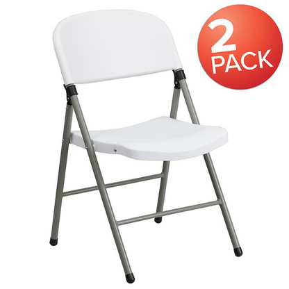 HERCULES Series Set of 2 White Folding Chairs with Gray Frame