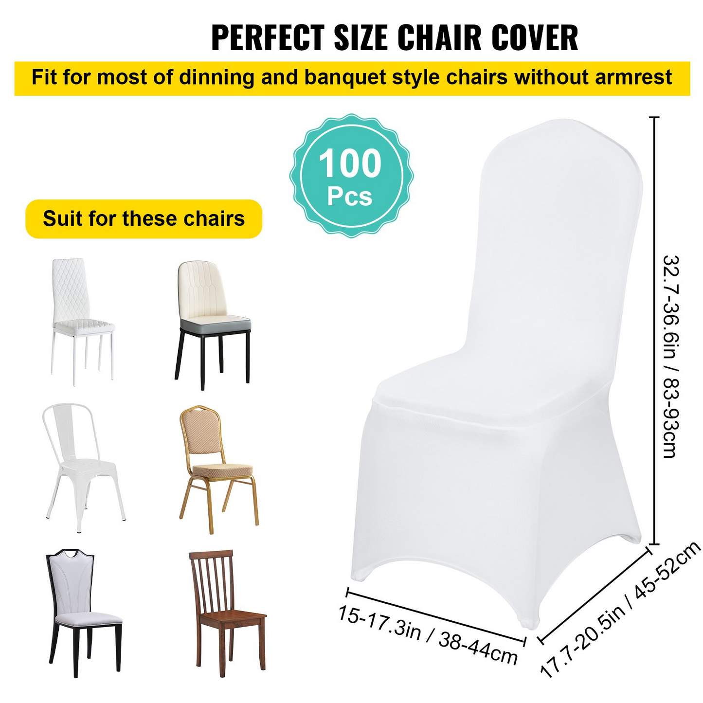 VEVOR Stretch Spandex Folding Chair Covers, Universal Fitted Chair Cover, Removable Washable Protective Slipcovers, for Wedding, Holiday, Banquet, Party, Celebration, Dining (100PCS White)