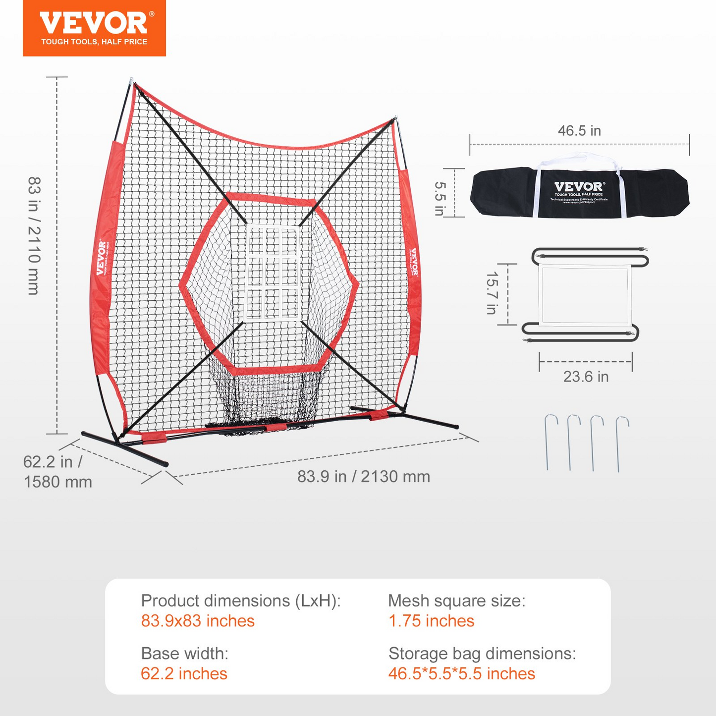 VEVOR 7x7 ft Baseball Softball Practice Net, Portable Baseball Training Net for Hitting Batting Catching Pitching, Backstop Baseball Equipment Training Aids with Bow Frame, Carry Bag, and Strike Zone