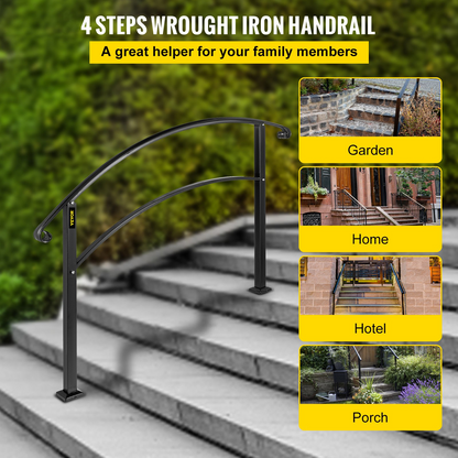 VEVOR Matte Black Wrought Iron Handrail - Adjustable for 1-4 Steps