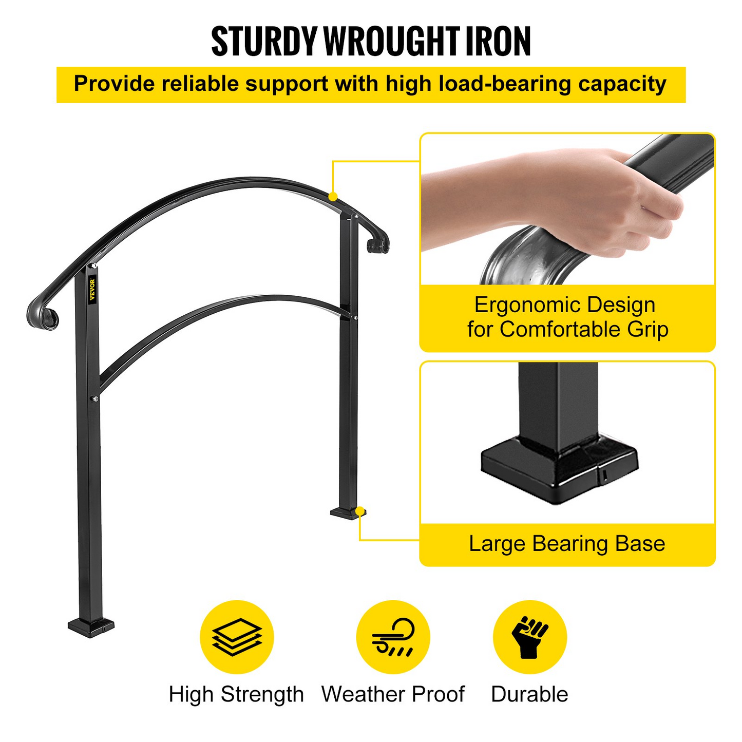 VEVOR Matte Black Wrought Iron Handrail - Adjustable for 1-4 Steps