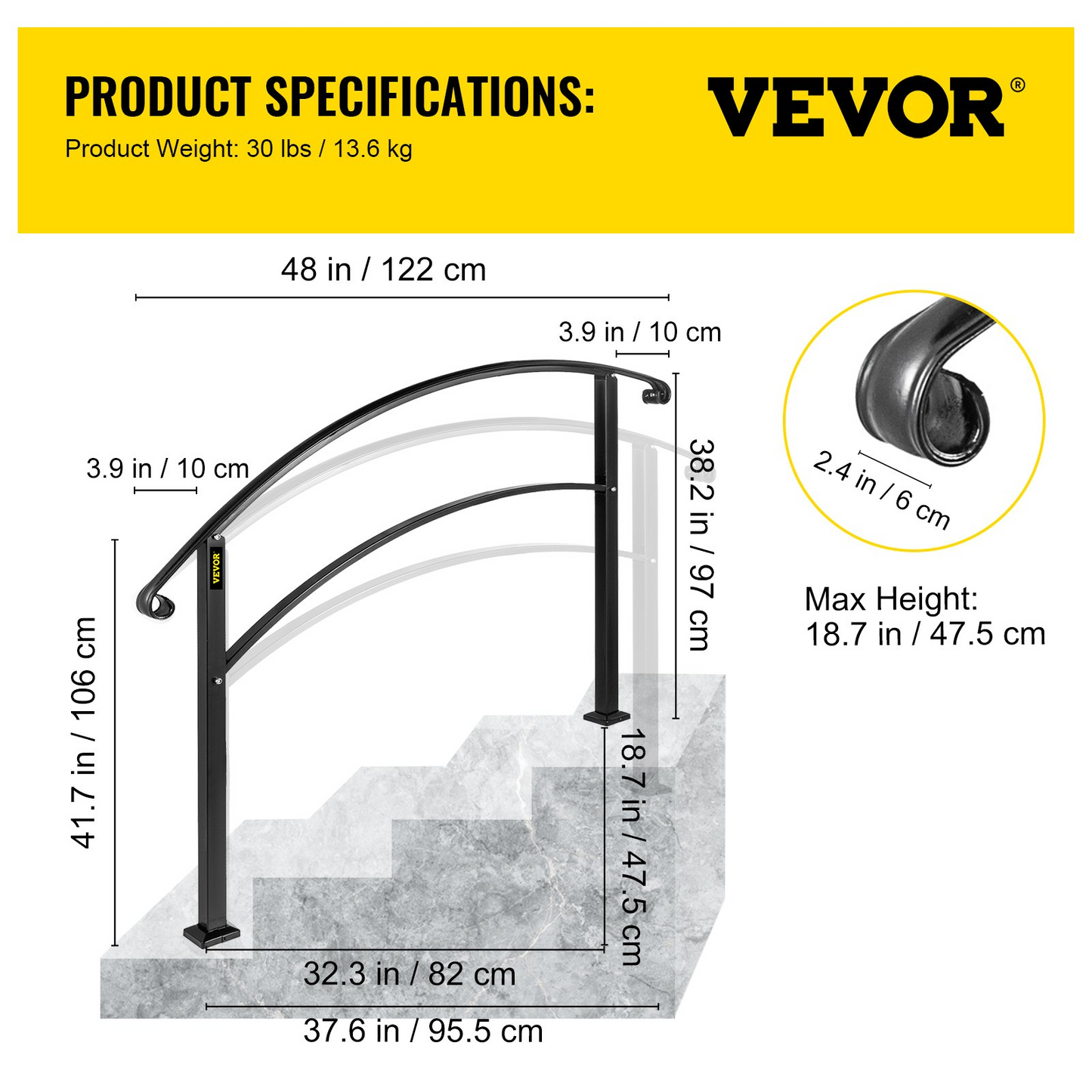 VEVOR Matte Black Wrought Iron Handrail - Adjustable for 1-4 Steps