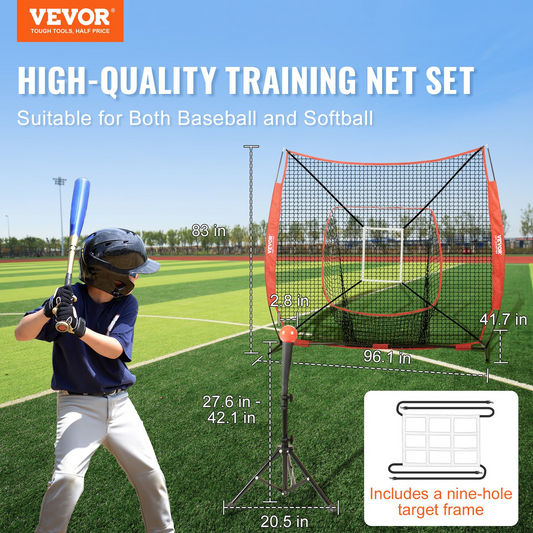 VEVOR 7x7 ft Baseball Softball Practice Net, Portable Baseball Training Net for Hitting Batting Catching Pitching, Backstop Baseball Equipment with Bow Frame, Carry Bag, Strike Zone, Ball, Batting Tee