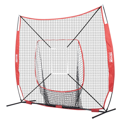 VEVOR 7x7 ft Baseball Softball Practice Net, Portable Baseball Training Net for Hitting Batting Catching Pitching, Backstop Baseball Equipment with Bow Frame, Carry Bag, Strike Zone, Ball, Batting Tee