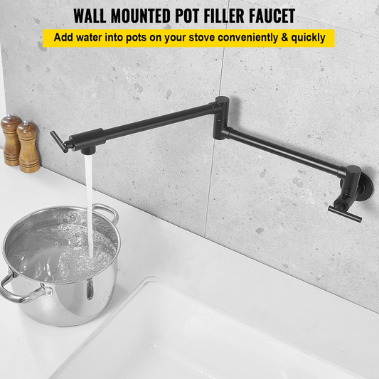 VEVOR Pot Filler Faucet, Solid Brass Commercial Wall Mount Kitchen Stove Faucet with Matte Black Finish, Folding Restaurant Sink Faucet with Double Joint Swing Arm & 2 Handles 24.4"