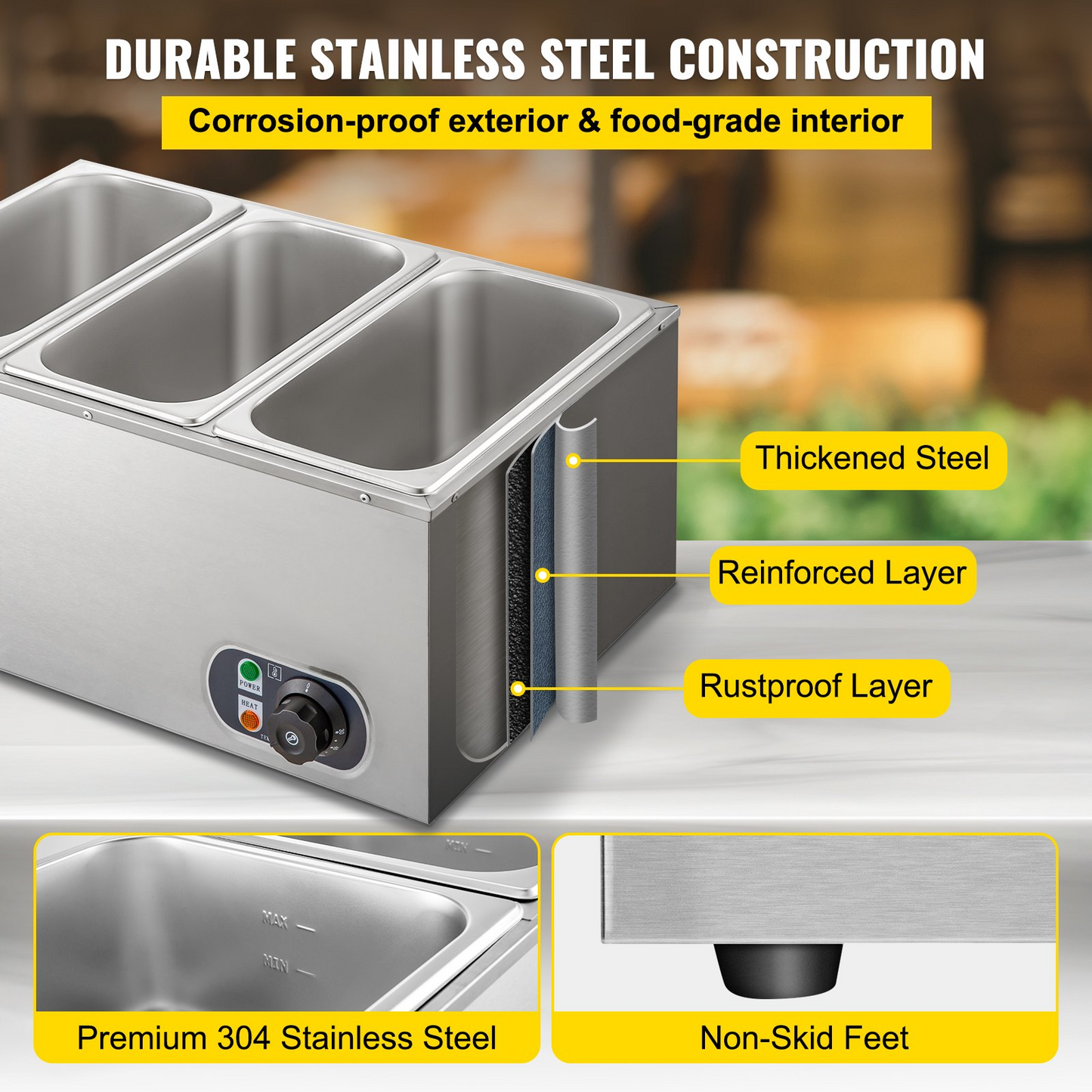 VEVOR 110V 3-Pan Commercial Food Warmer, 1200W Electric Steam Table 15cm/6inch Deep, Professional Stainless Steel Buffet Bain Marie 16 Quart for Catering and Restaurants