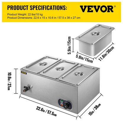 VEVOR 110V 3-Pan Commercial Food Warmer, 1200W Electric Steam Table 15cm/6inch Deep, Professional Stainless Steel Buffet Bain Marie 16 Quart for Catering and Restaurants