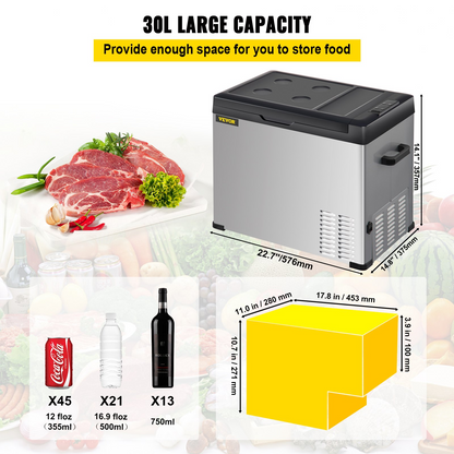 VEVOR 12 Volt Refrigerator, Portable Refrigerator (-4℉~68℉) With APP Control Car Compressor Fridge Cooler 12V/24V DC and 110-220V AC For Camping, Road Trip, Boat, Skincare, Outdoor and Home (32 Quart)