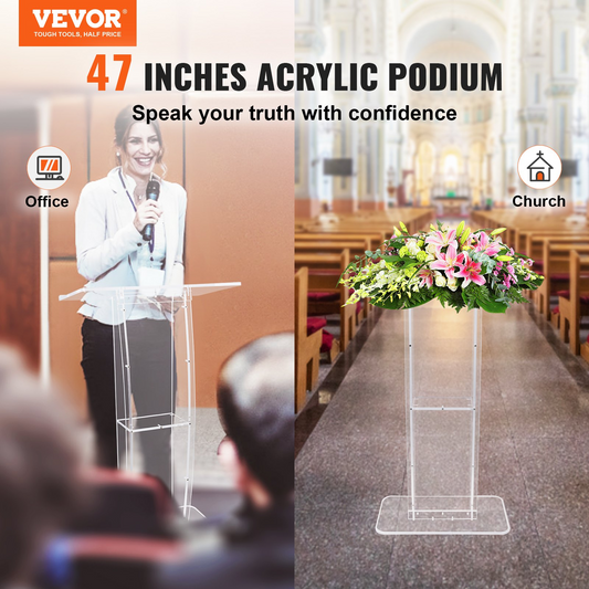 VEVOR Acrylic Podium, 47" Clear Acrylic Podium Stand with Wide Reading Surface & Storage Shelf, Floor-standing Clear Pulpits Acrylic for Church Office School