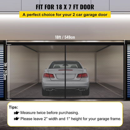 VEVOR Garage Door Screen, 18 x 7 ft for 2 Cars, 5.8 lbs Heavy-Duty Fiberglass Mesh for Quick Entry with Self Sealing Magnet and Weighted Bottom, Kids / Pets Friendly, Easy to Install and Retractable