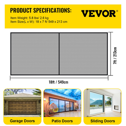 VEVOR Garage Door Screen, 18 x 7 ft for 2 Cars, 5.8 lbs Heavy-Duty Fiberglass Mesh for Quick Entry with Self Sealing Magnet and Weighted Bottom, Kids / Pets Friendly, Easy to Install and Retractable